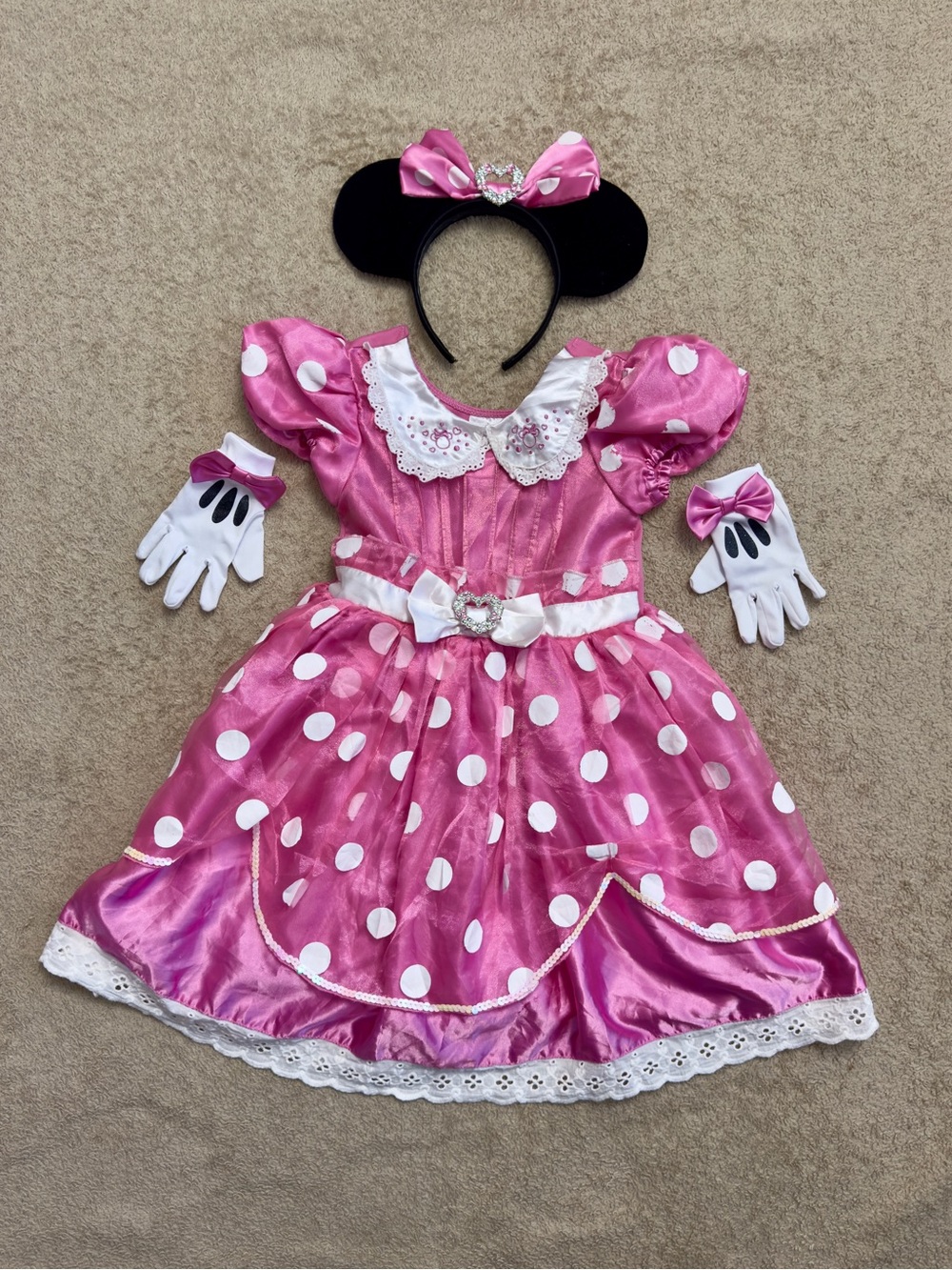 Disney Pink and White Polka Dot Minnie Costume with Ear Headband & Gloves